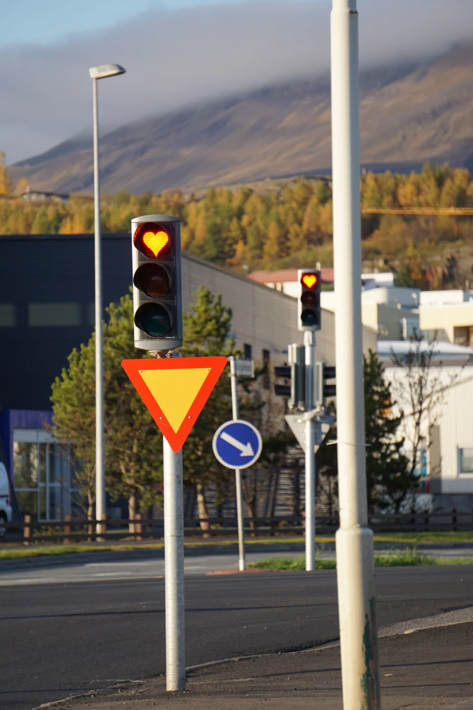 A heart-shaped red traffic light beside street signs in Akureyri