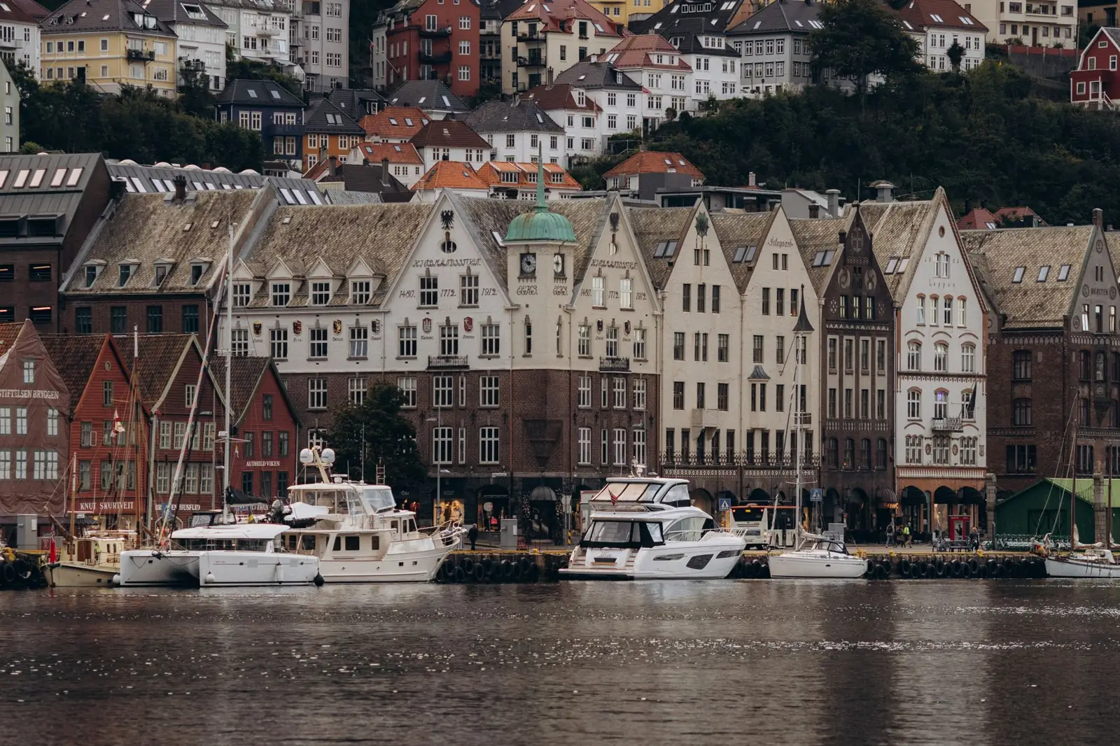 The Bryggen waterfront and boats moored in Bergen