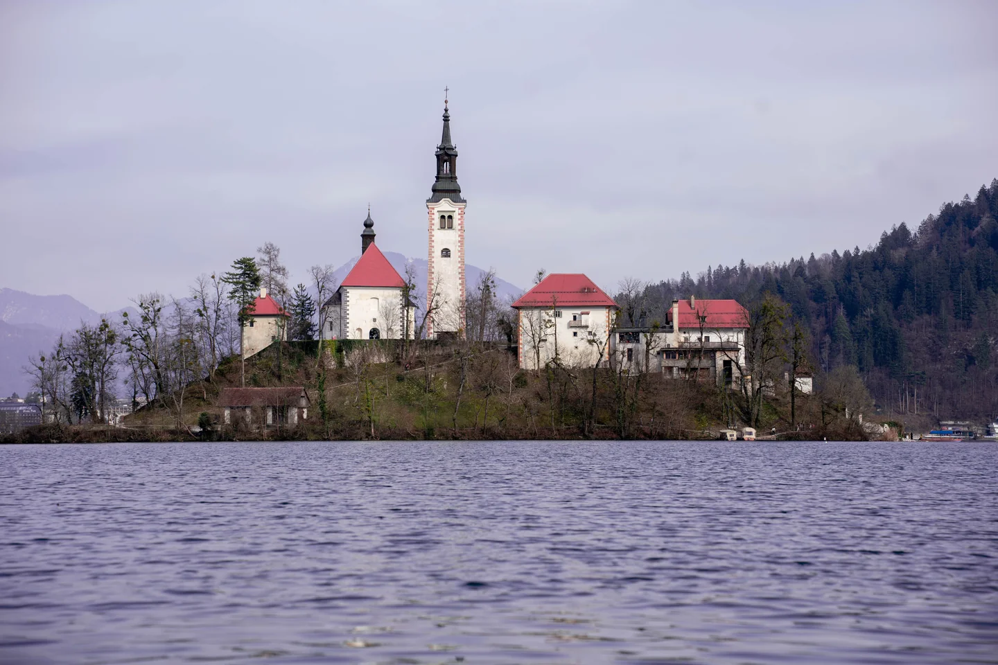 The church and surrounding buildings on Bled Island viewed from the water