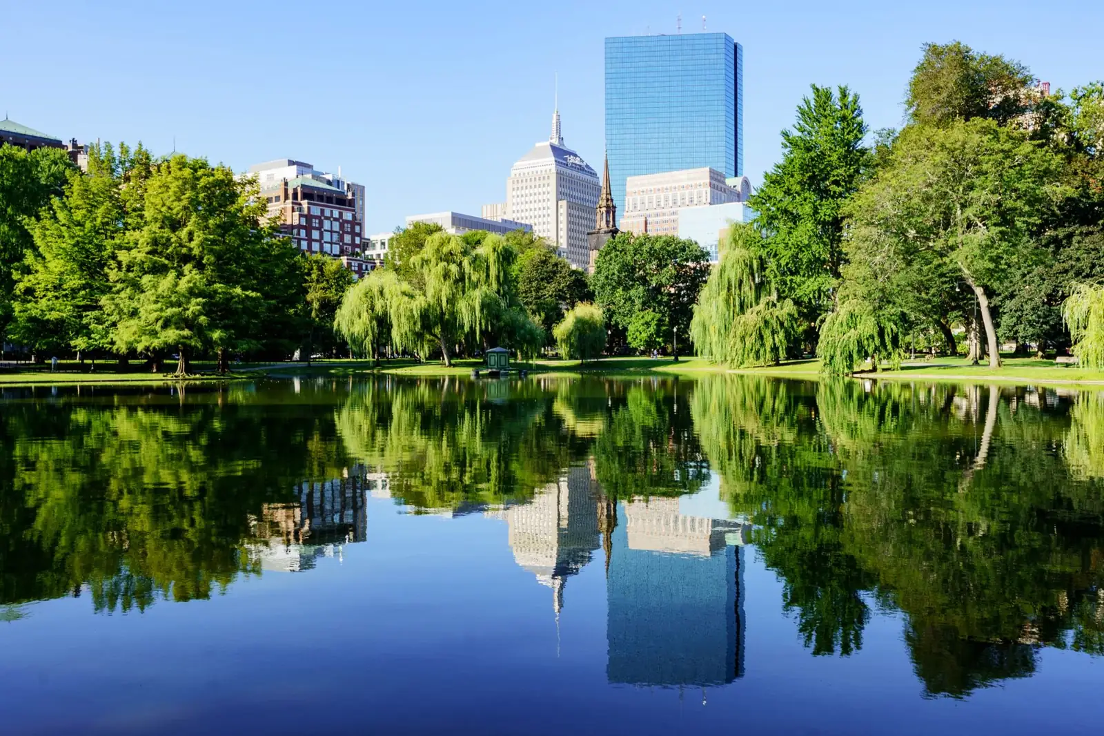 Boston Public Garden’s lagoon and willow trees reflecting the Back Bay towers