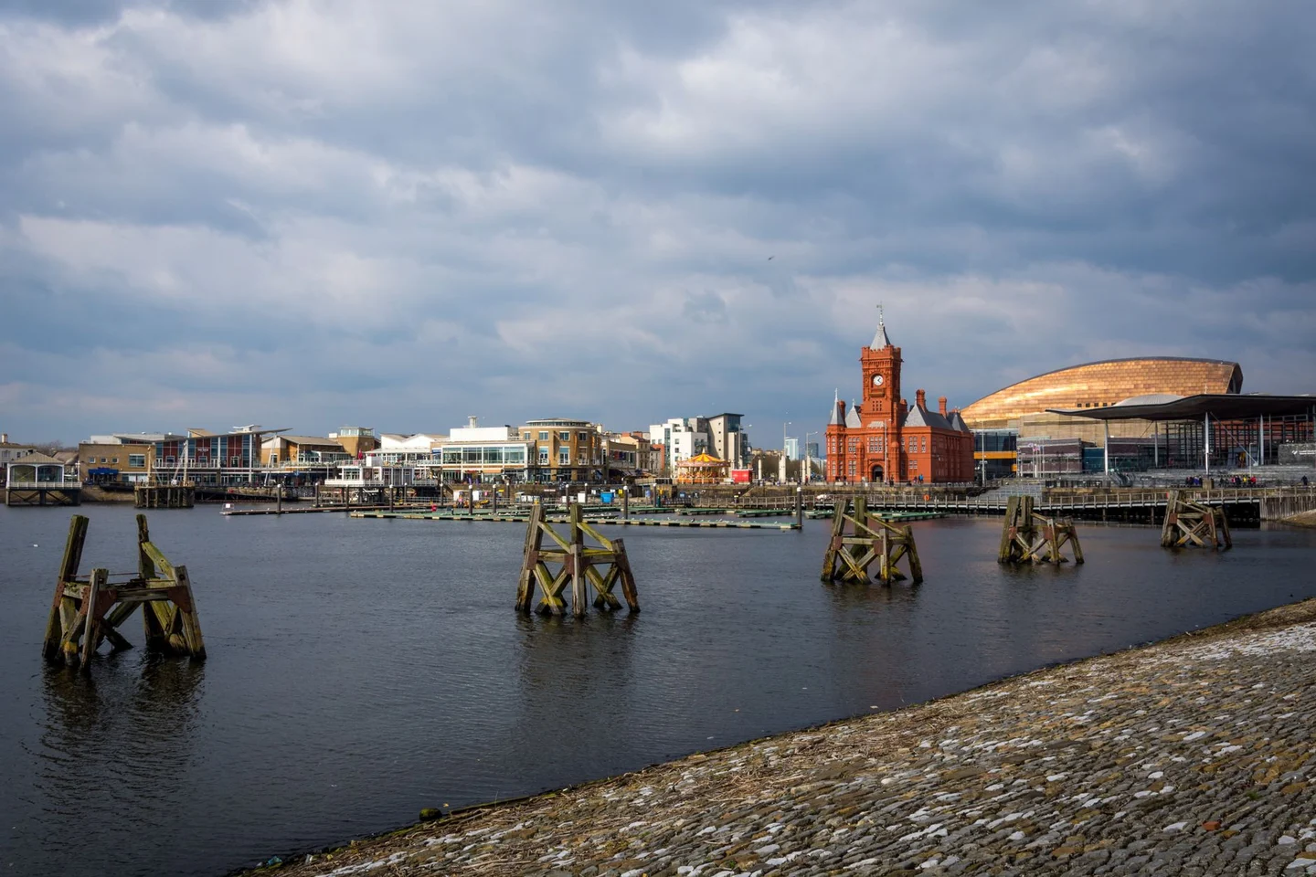 Cardiff Bay’s waterfront with the Pierhead Building and Wales Millennium Centre