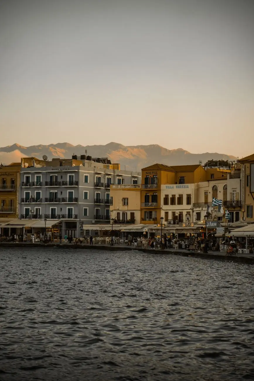 Chania’s harbour buildings at dusk