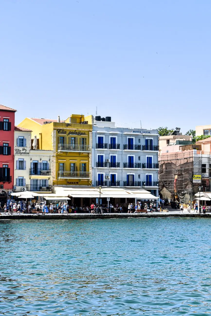 Waterfront terraces and historic buildings in Chania
