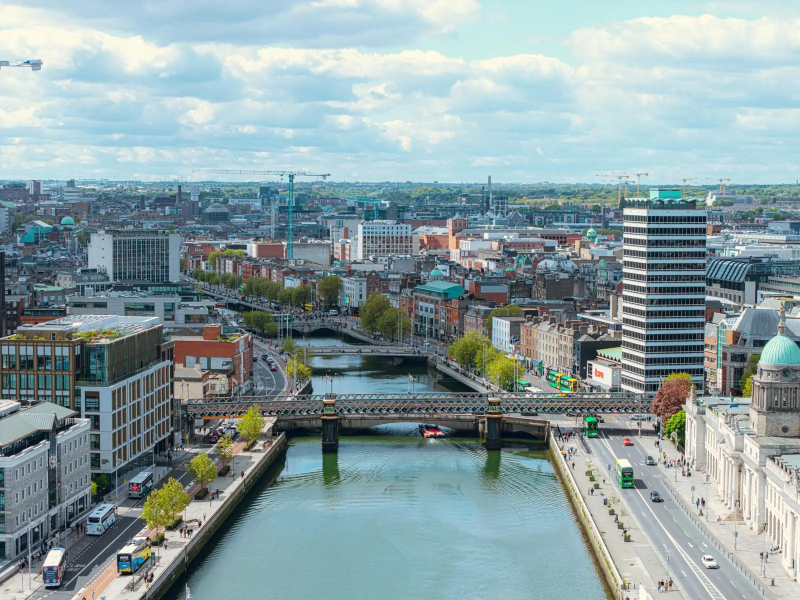 Dublin city centre and its River Liffey bridges from above