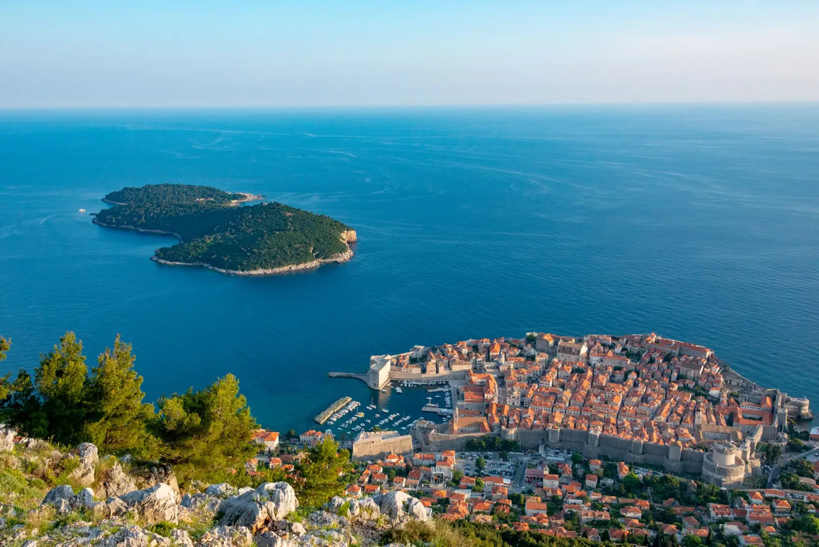 Dubrovnik’s Old Town and Lokrum seen from the hillside above the coast