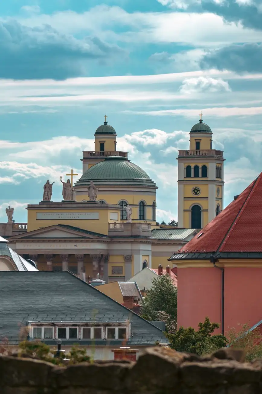 Eger Basilica’s yellow dome and towers rising beyond the old town’s rooftops