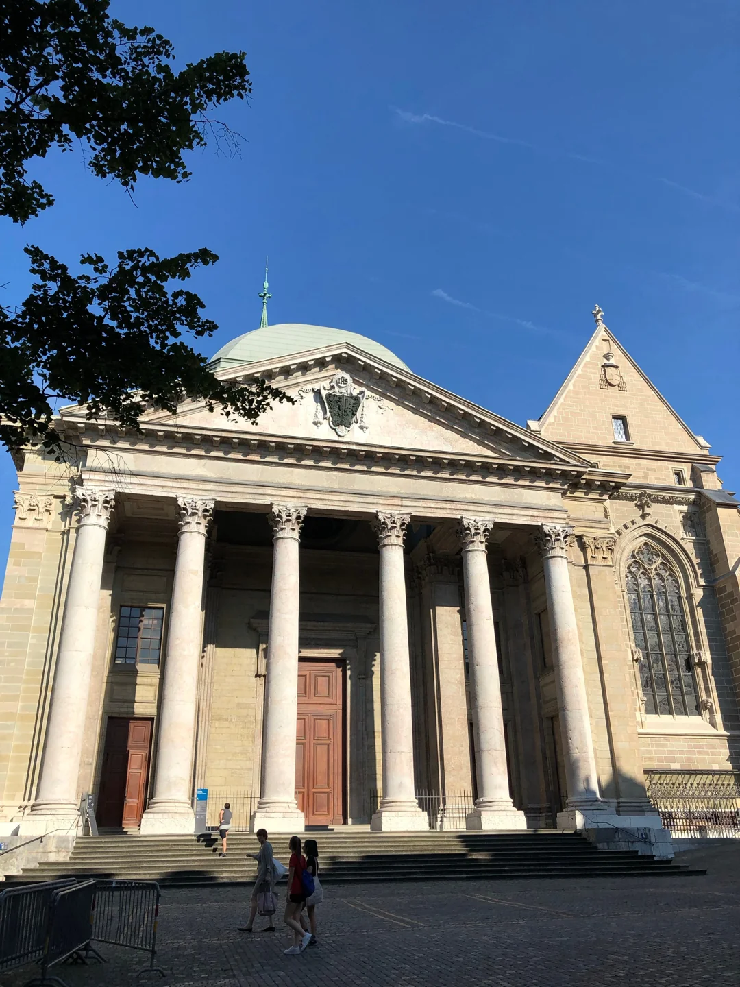 The columned entrance facade of Saint-Pierre Cathedral in Geneva