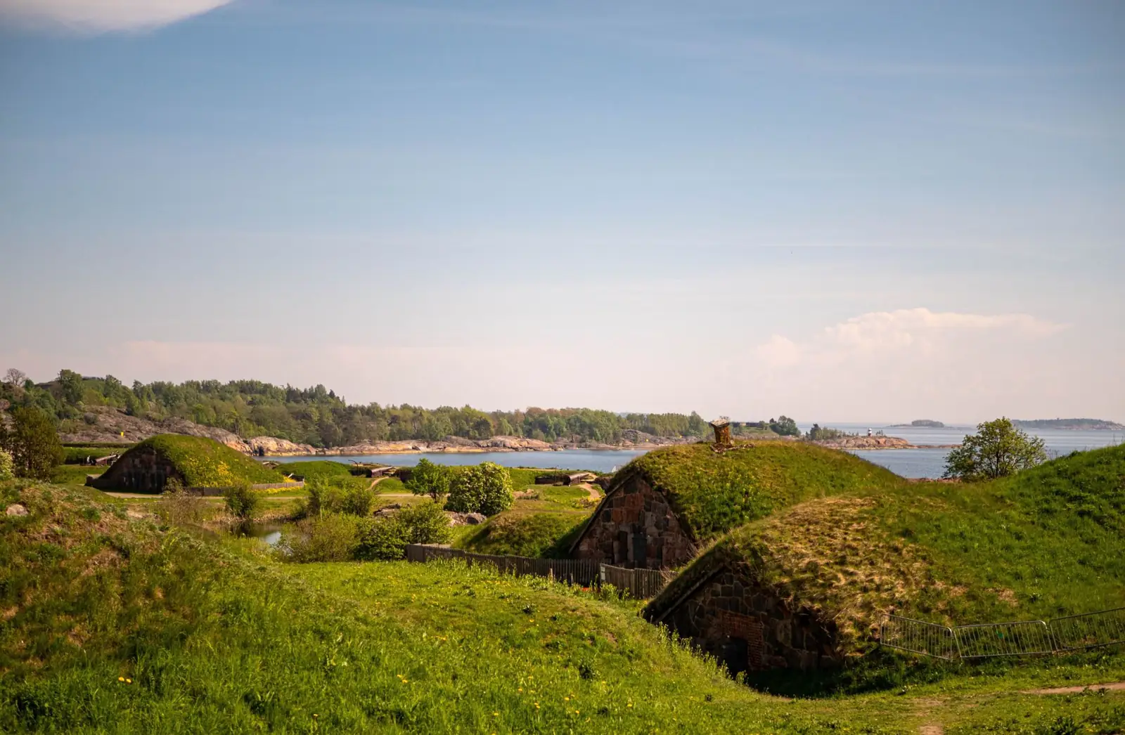 Grass-covered fortifications at Suomenlinna in Helsinki