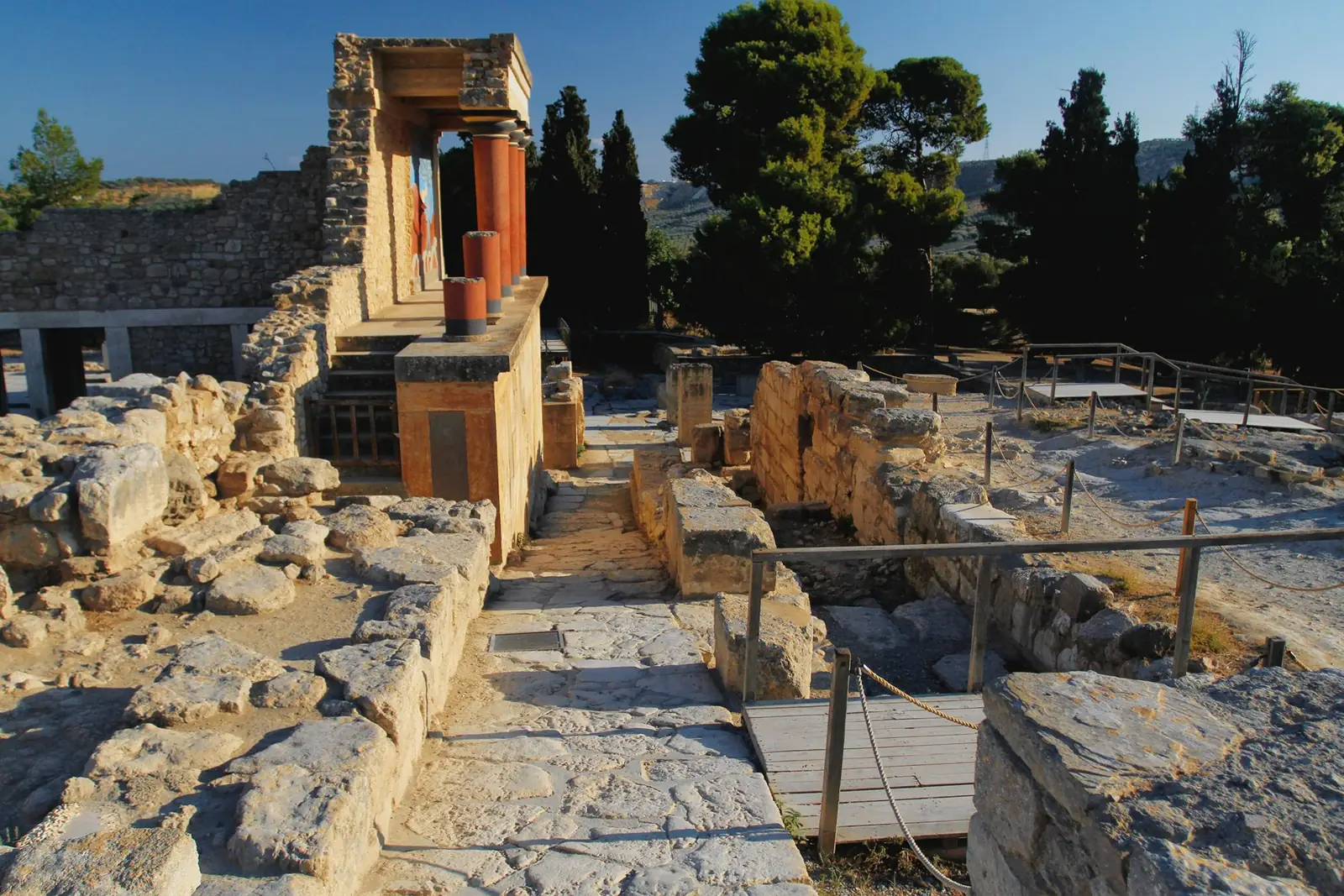 Reconstructed red columns and stone rooms at Knossos outside Heraklion