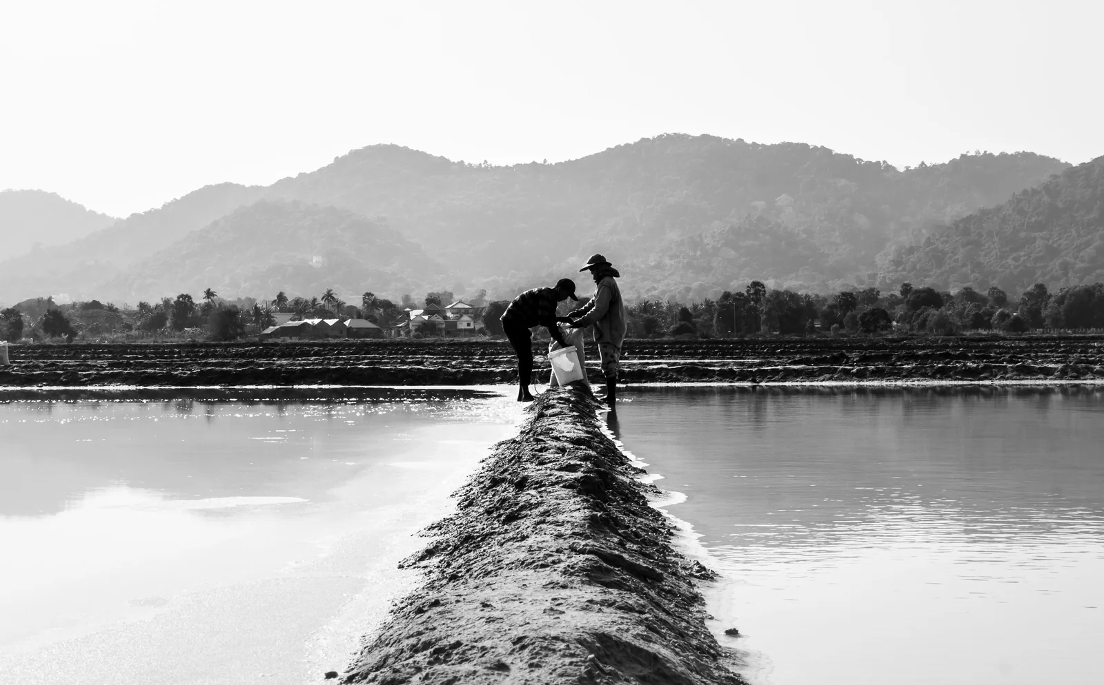 Two workers beside shallow salt pans in the Kampot area, with low hills behind, photographed in black and white.