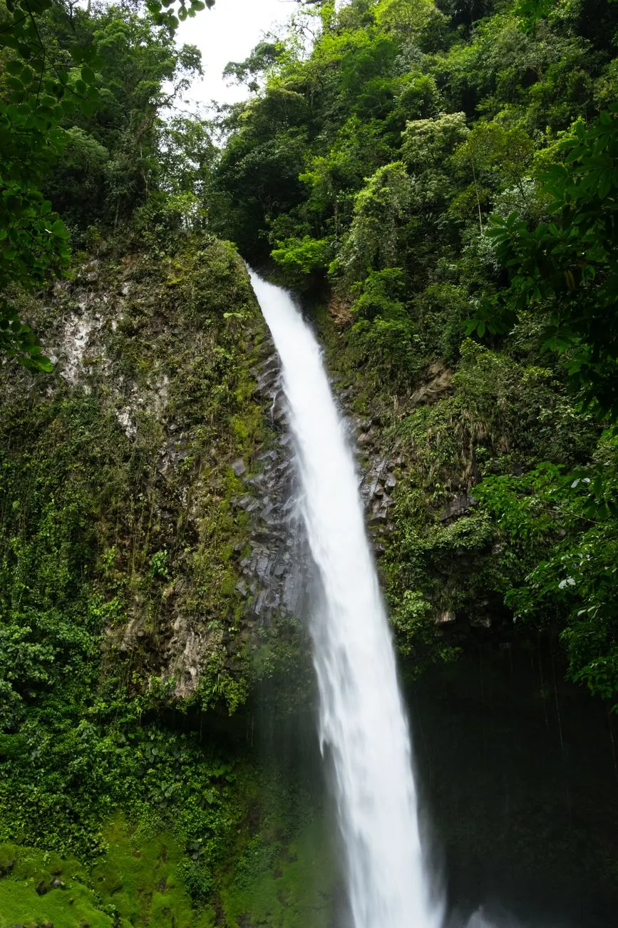 La Fortuna Waterfall dropping between steep green forested cliffs