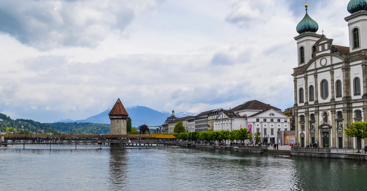 Lucerne Town Hall, Chapel Bridge and Jesuit Church around the River Reuss