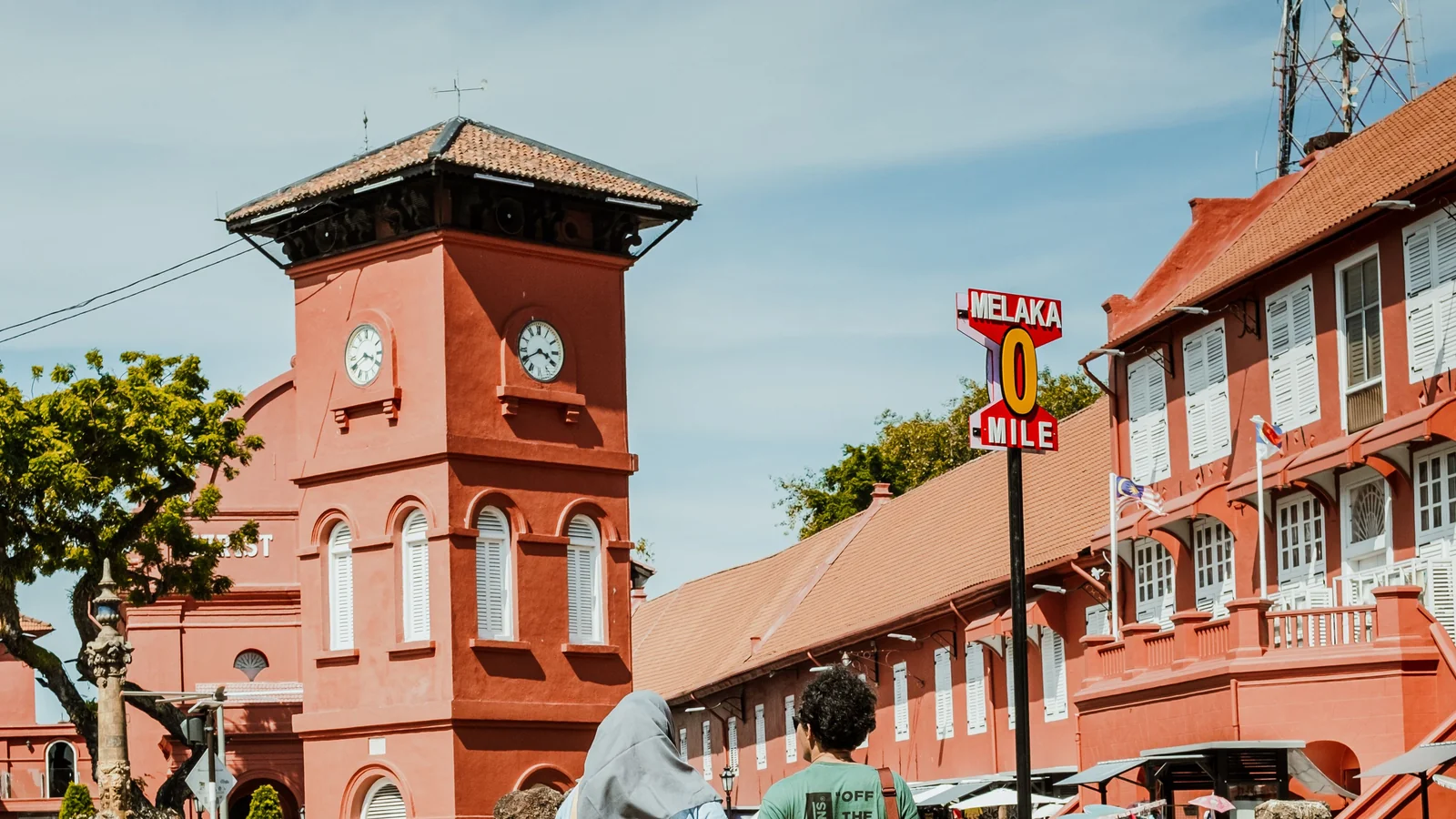 The red clock tower and civic buildings of Dutch Square in Malacca.