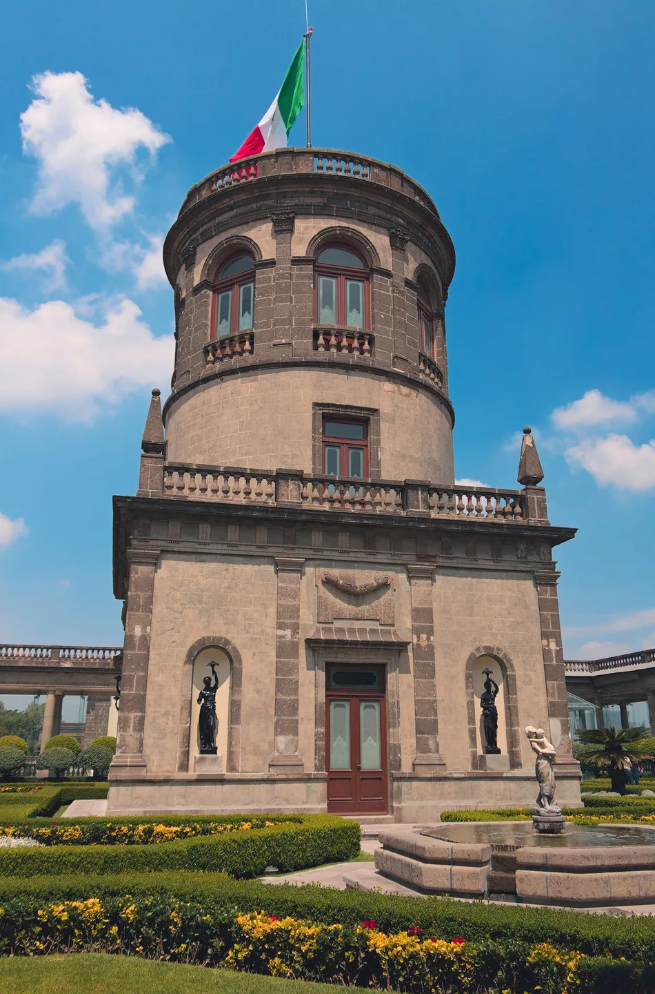 Round Caballero Alto tower and balustrades at Chapultepec Castle in Mexico City