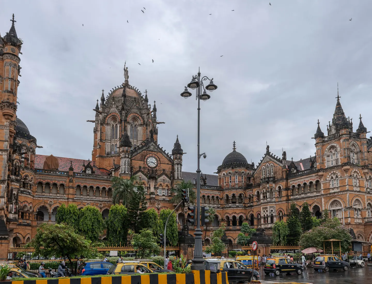 The carved stone turrets and clock tower of Chhatrapati Shivaji Maharaj Terminus