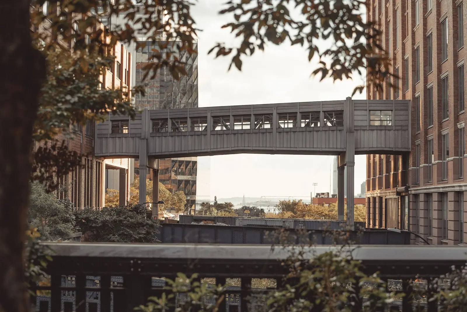 Historic Chelsea Market skybridge above the High Line’s planted railway structure