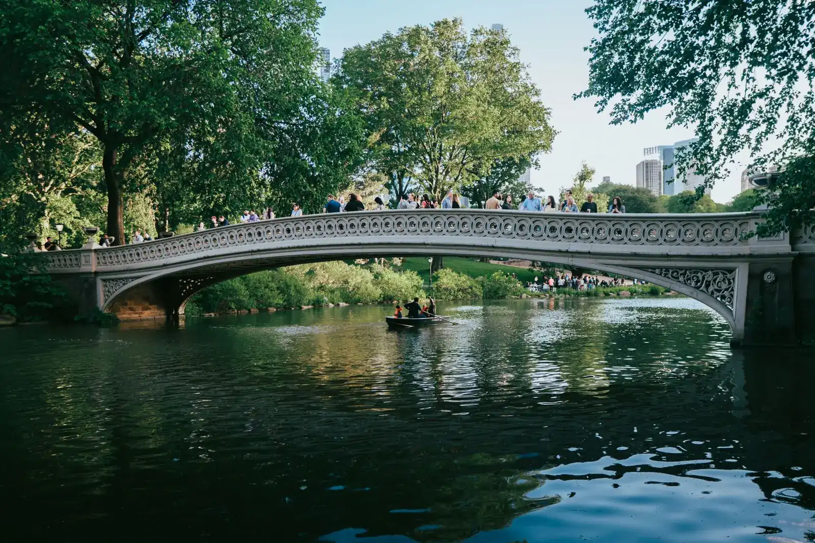 Bow Bridge’s ornate cast-iron curve over the Lake in Central Park