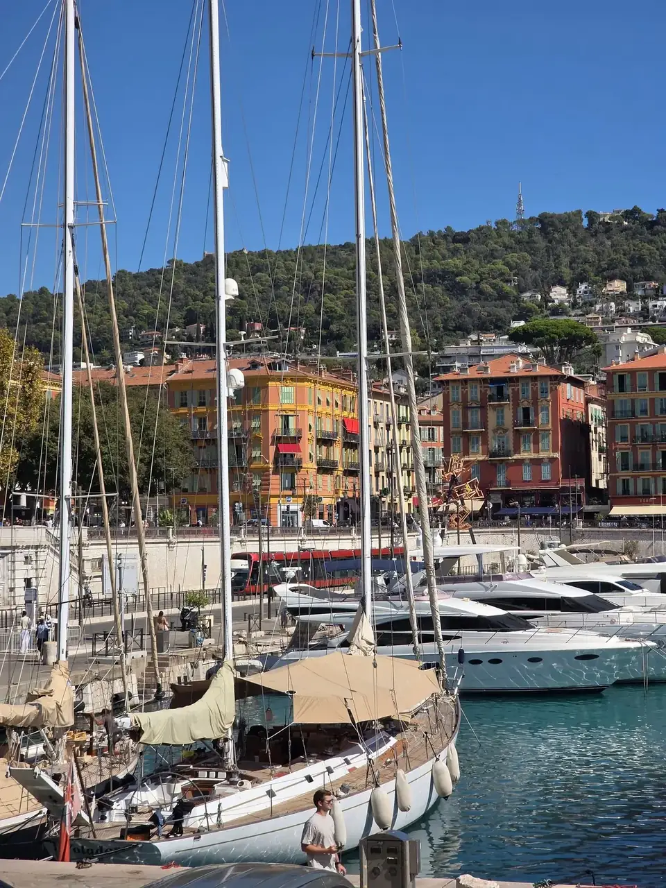 Colourful buildings and boats around Port Lympia in Nice