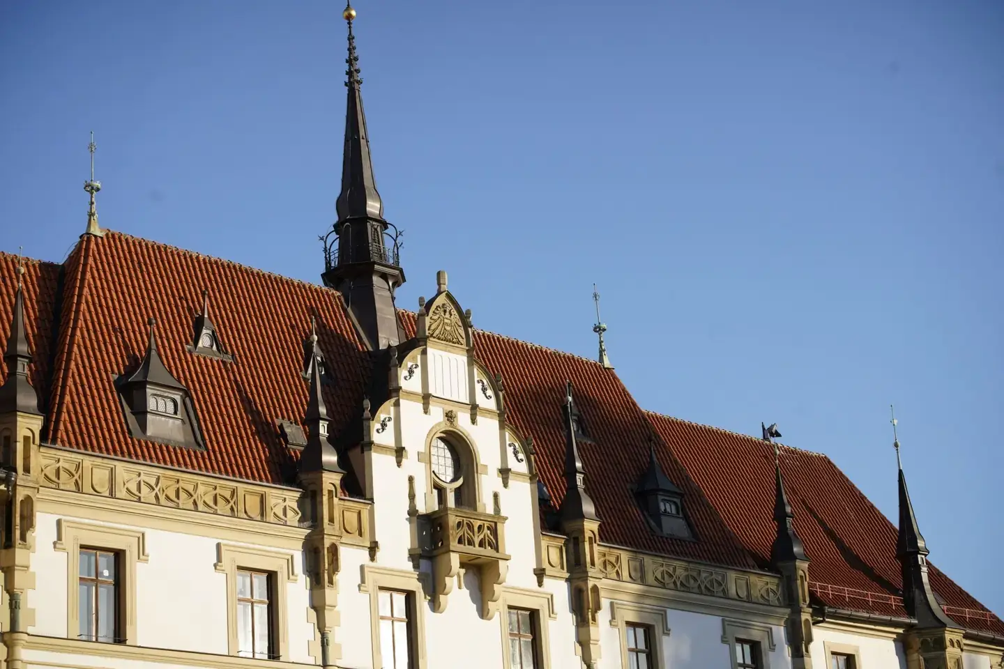 Decorated gables and rooftop spires of Olomouc Town Hall