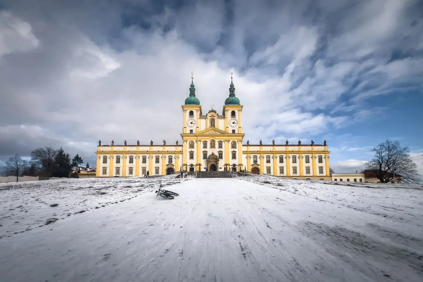 The Basilica of the Visitation of the Virgin Mary at Svatý Kopeček above snowy ground