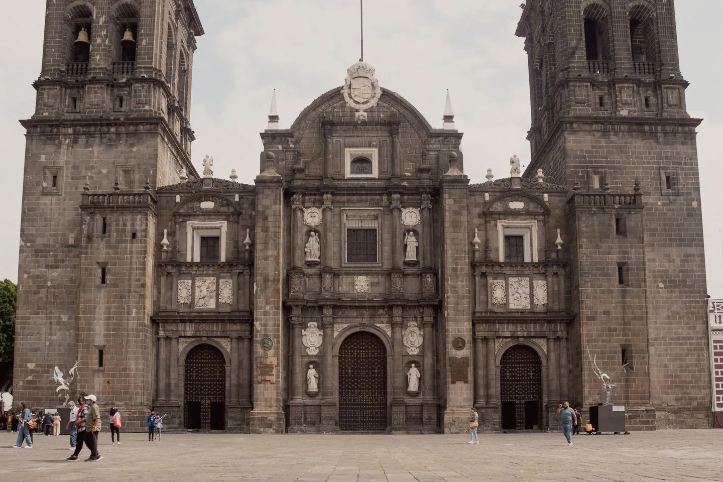 Main portals and stone facade of Puebla Cathedral