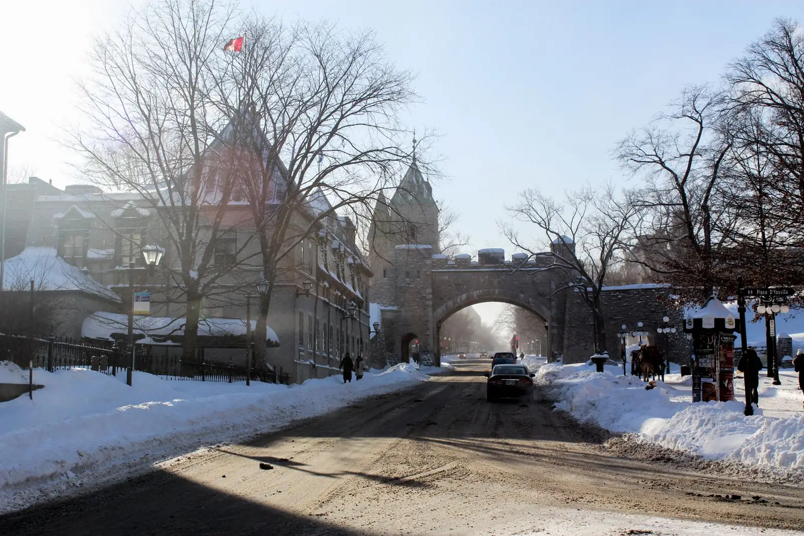 Snow beside Porte Saint-Louis and the public street through Old Québec’s fortifications