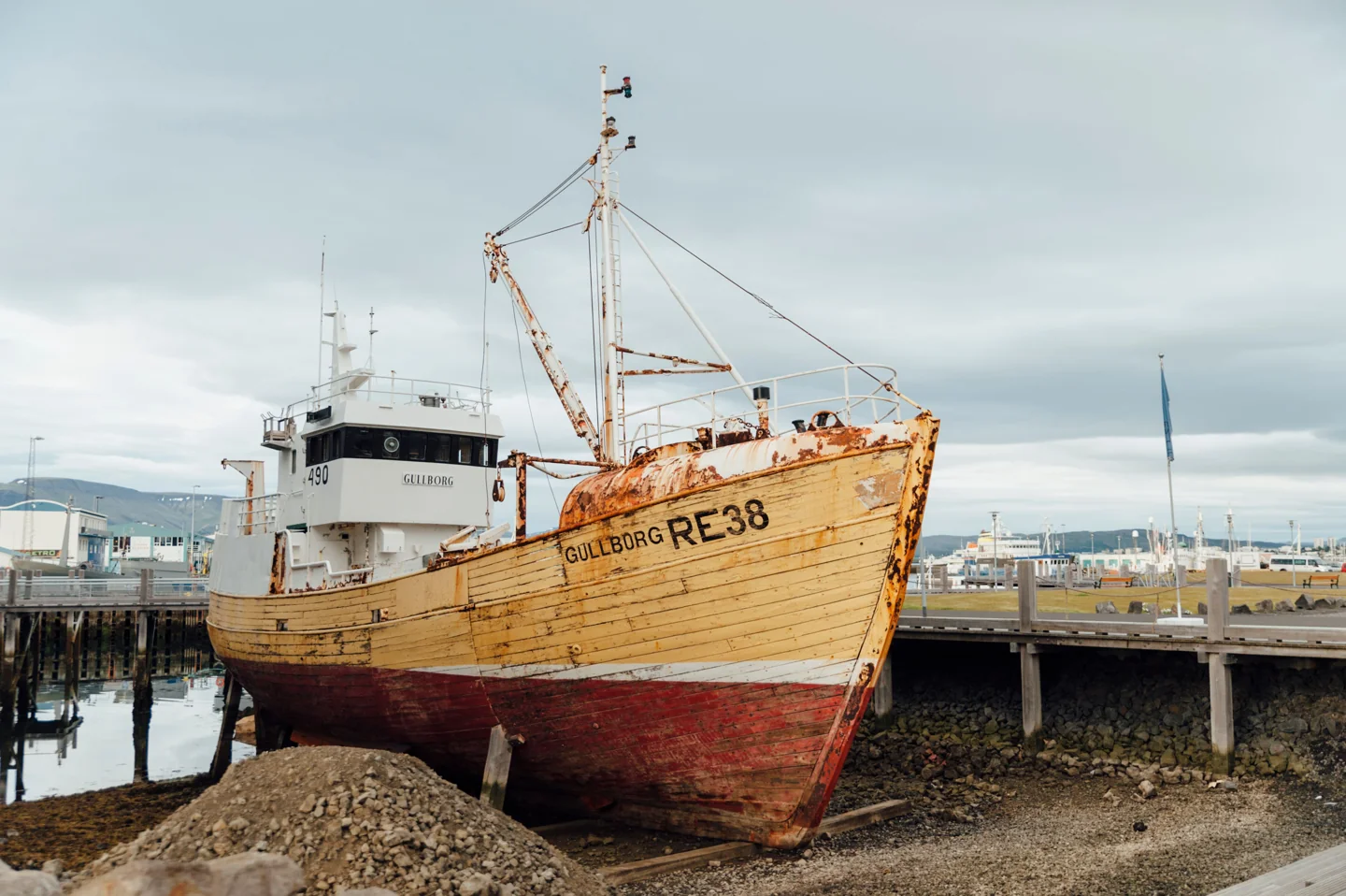 The wooden fishing boat Gullborg RE38 beside Reykjavík harbour