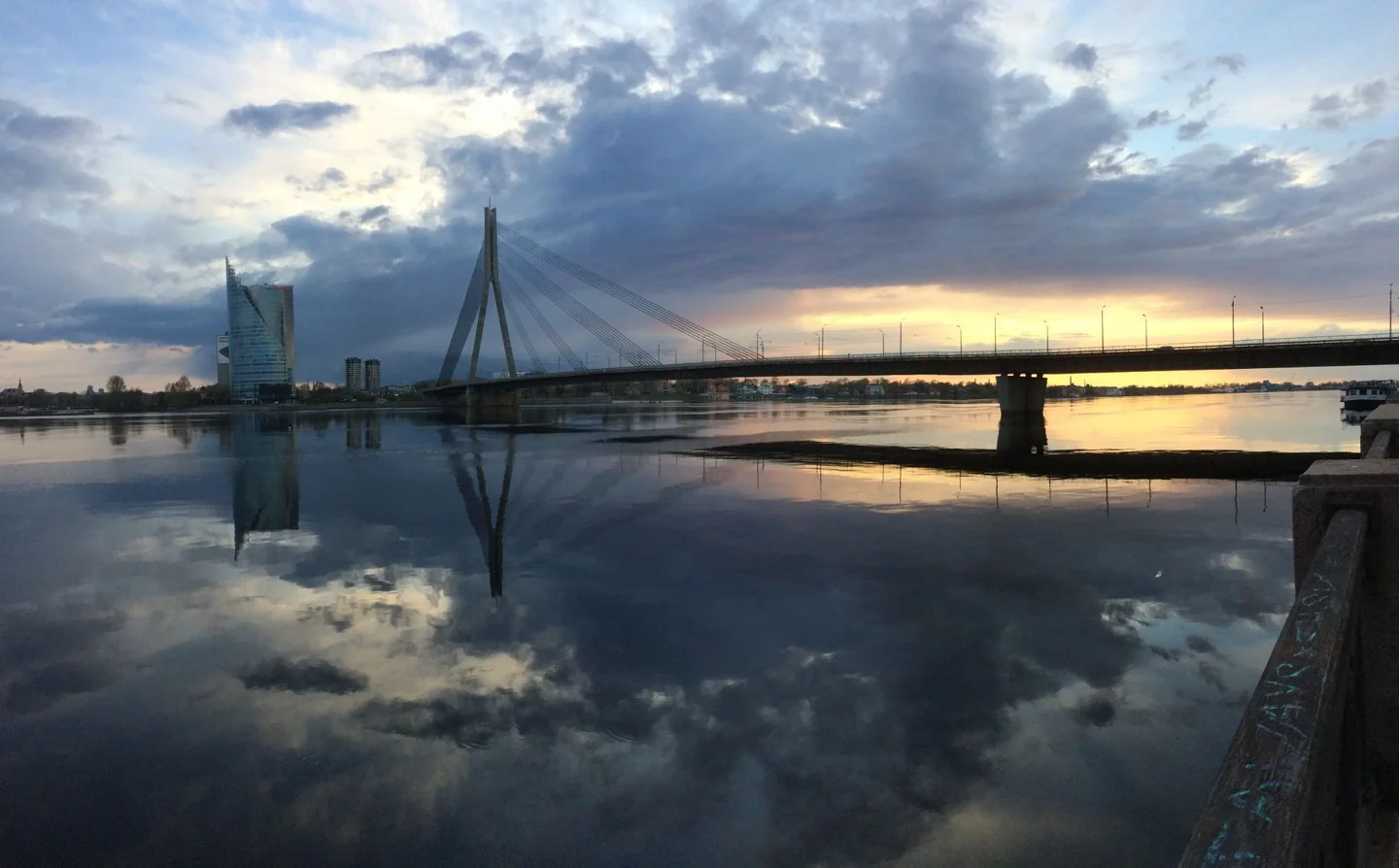 Vanšu Bridge and the opposite-bank skyline reflected in Riga’s Daugava River at sunset