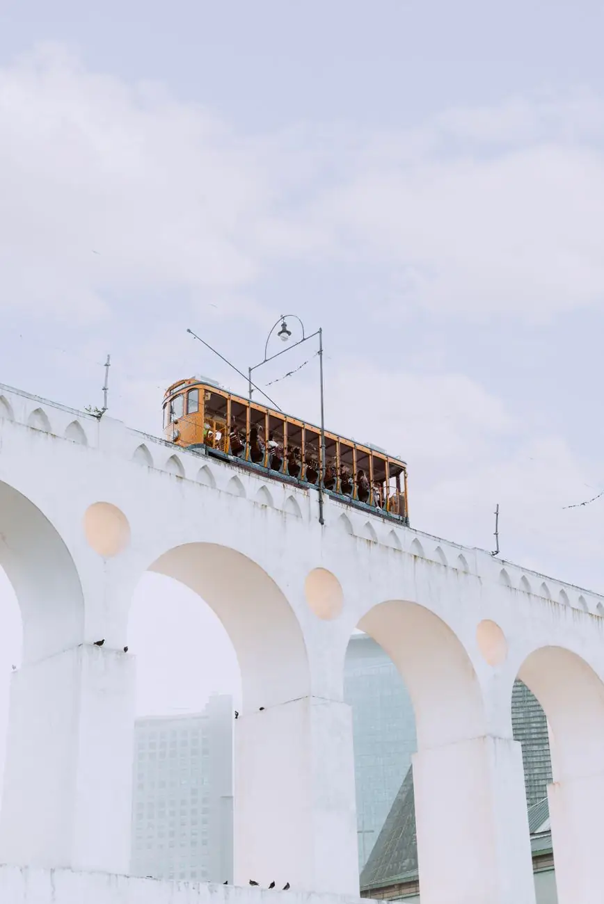 A tram crossing Rio’s white Carioca Aqueduct in Lapa