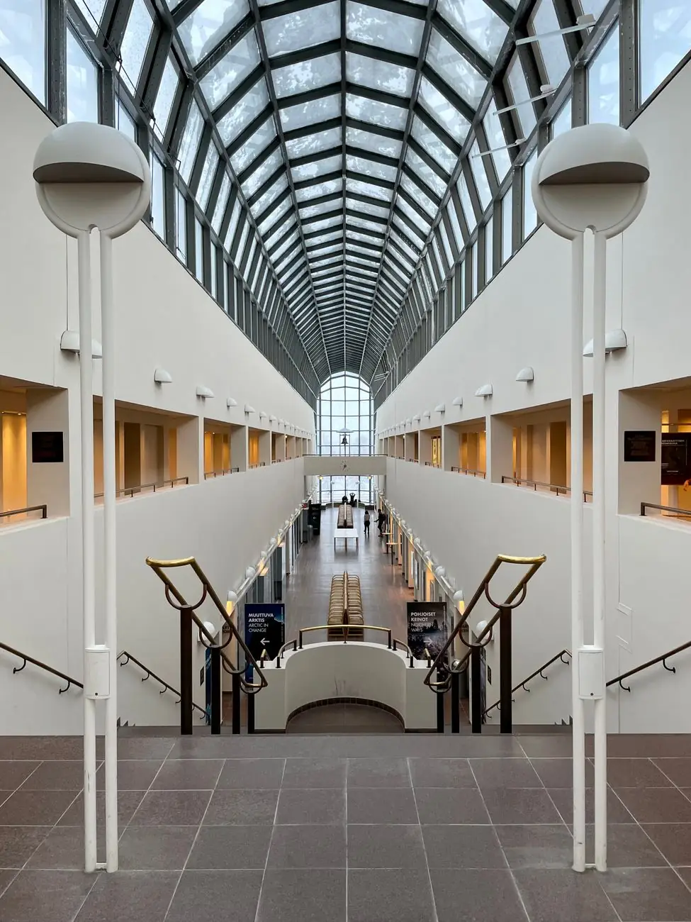 The glass-roofed corridor and galleries inside Arktikum in Rovaniemi