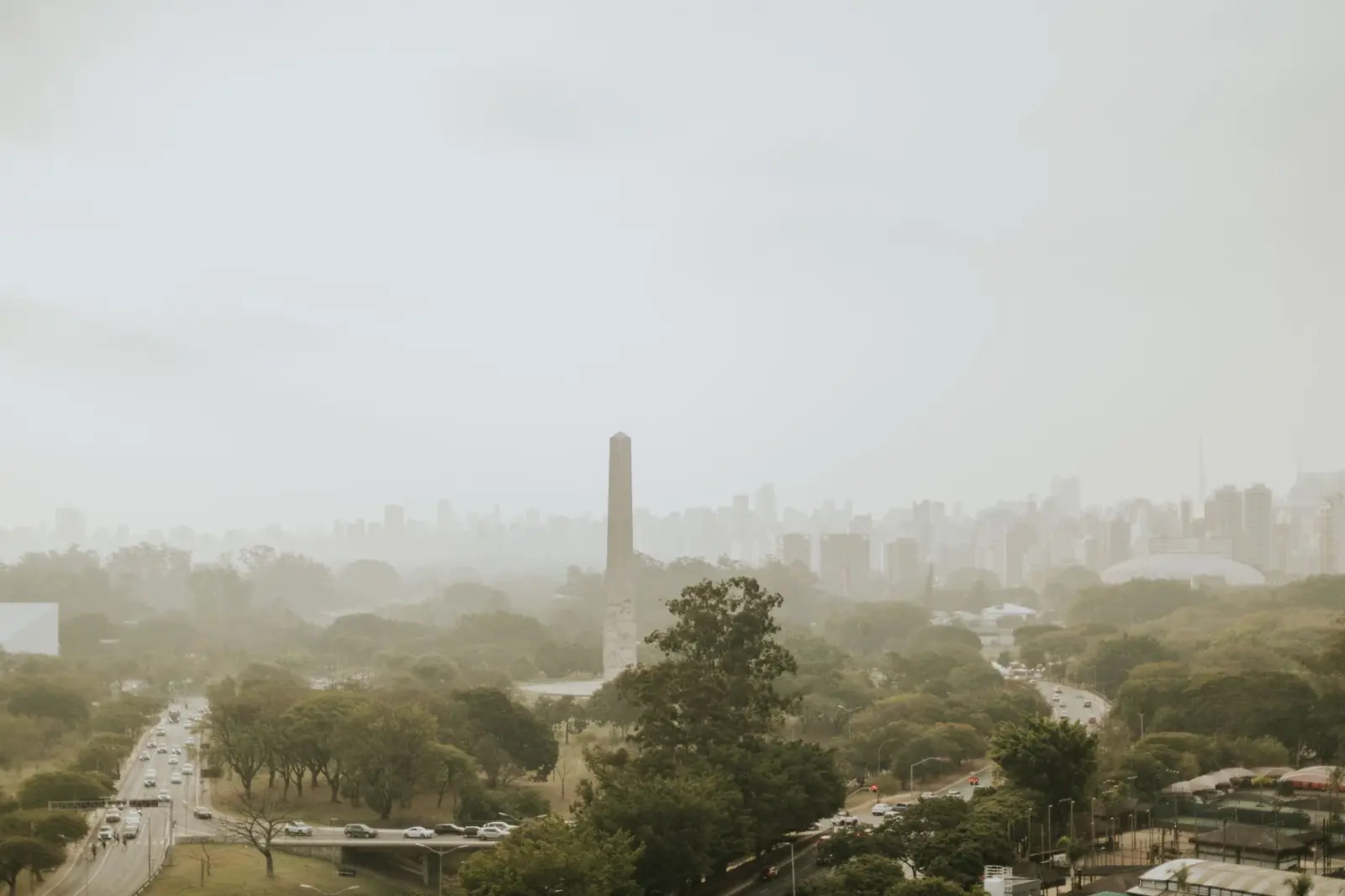 Ibirapuera Obelisk and surrounding trees with São Paulo in the background