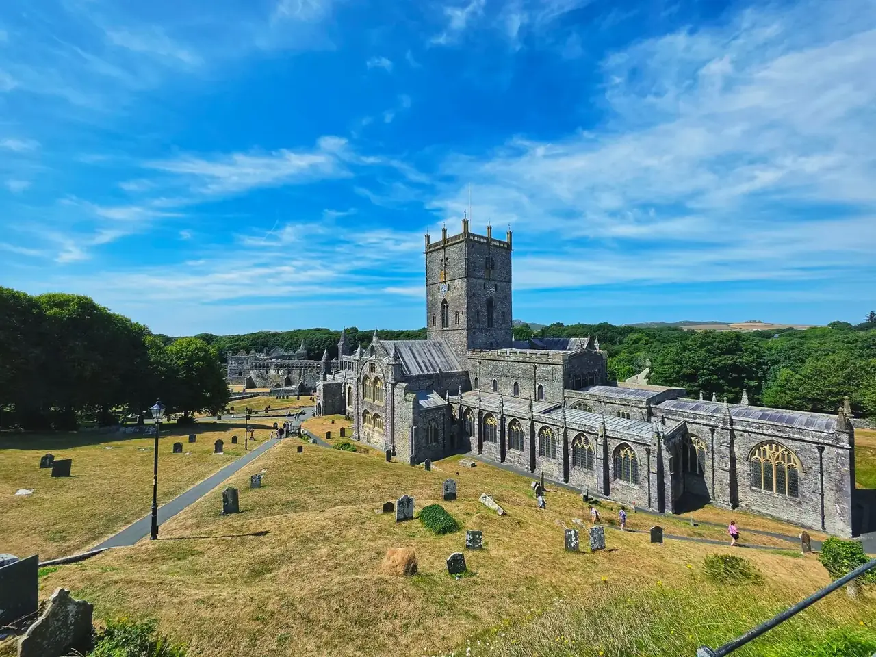 St Davids Cathedral in the valley below the city streets