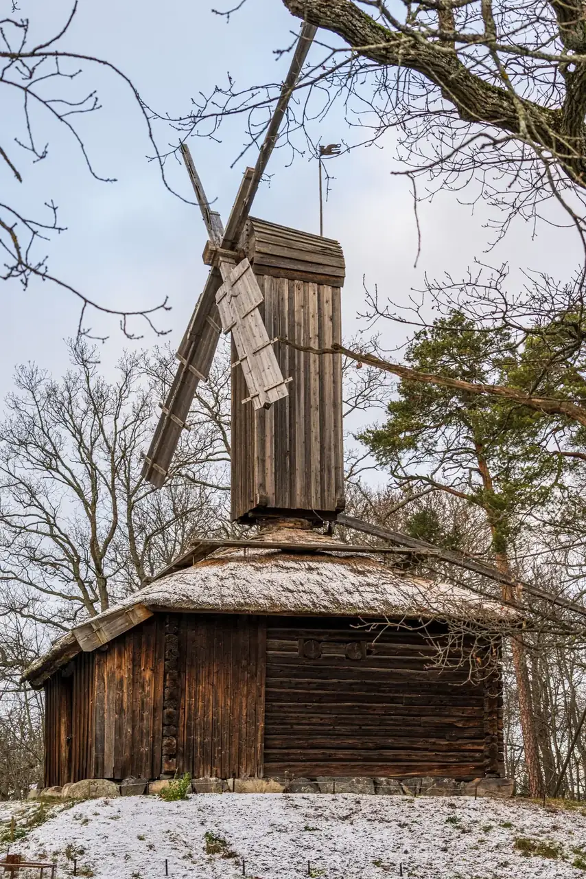 A wooden windmill at Skansen in Stockholm in winter