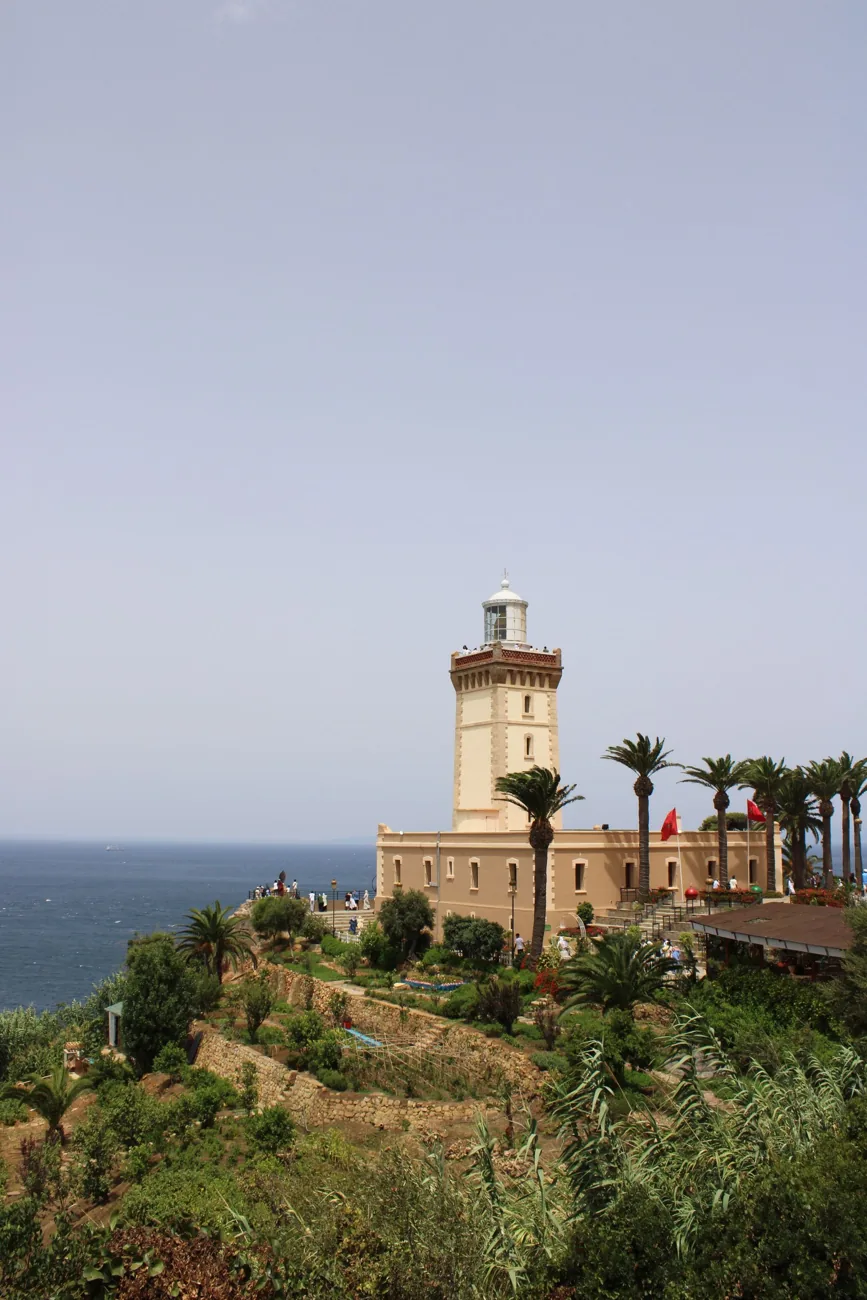 Cap Spartel lighthouse above the Atlantic with terraced gardens and palms near Tangier