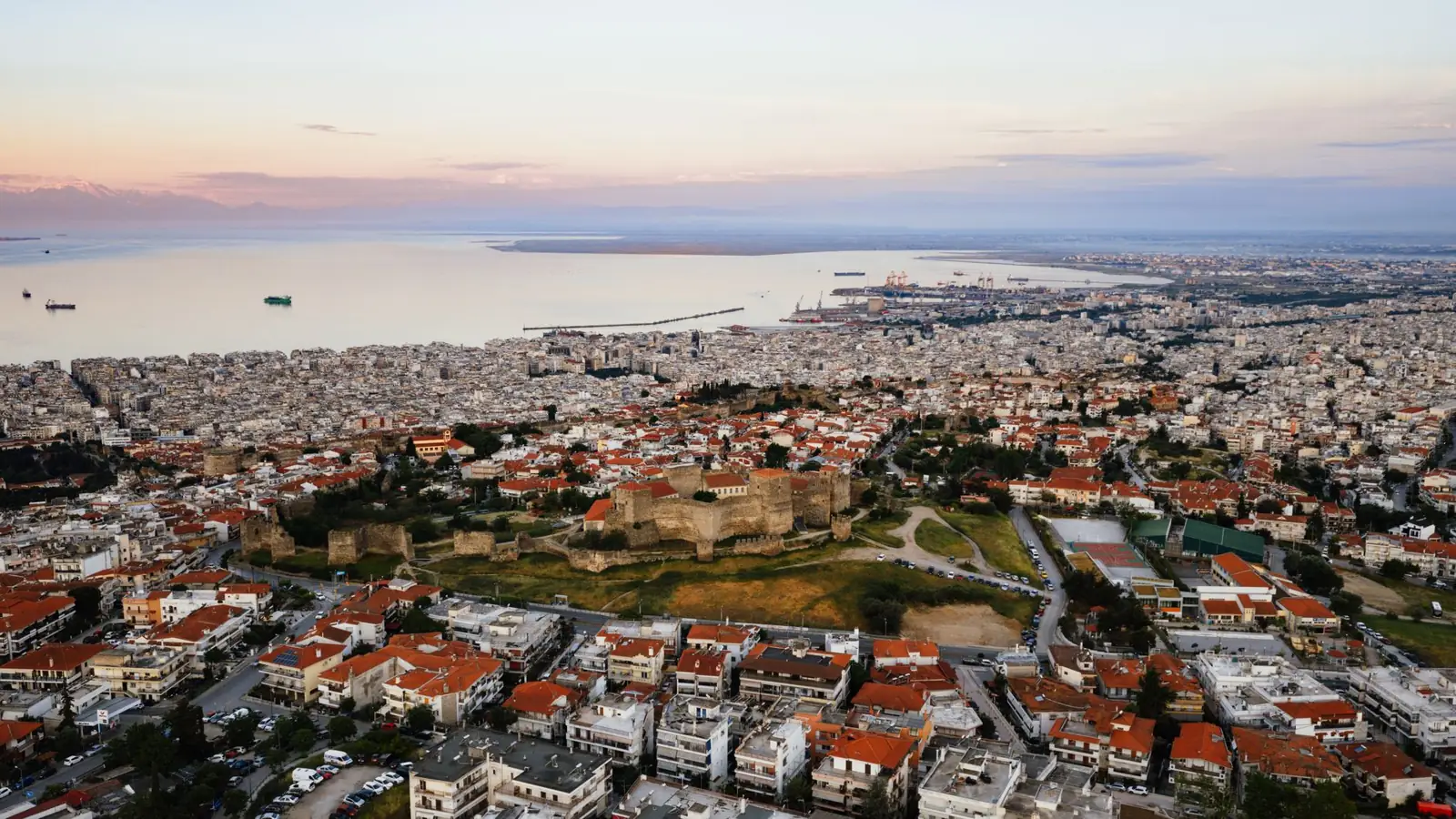 Thessaloniki’s upper-town streets and coastline seen from above