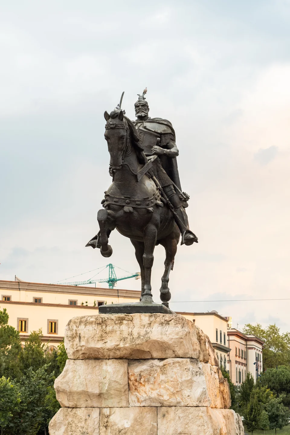 Equestrian Skanderbeg monument on its stone plinth in central Tirana