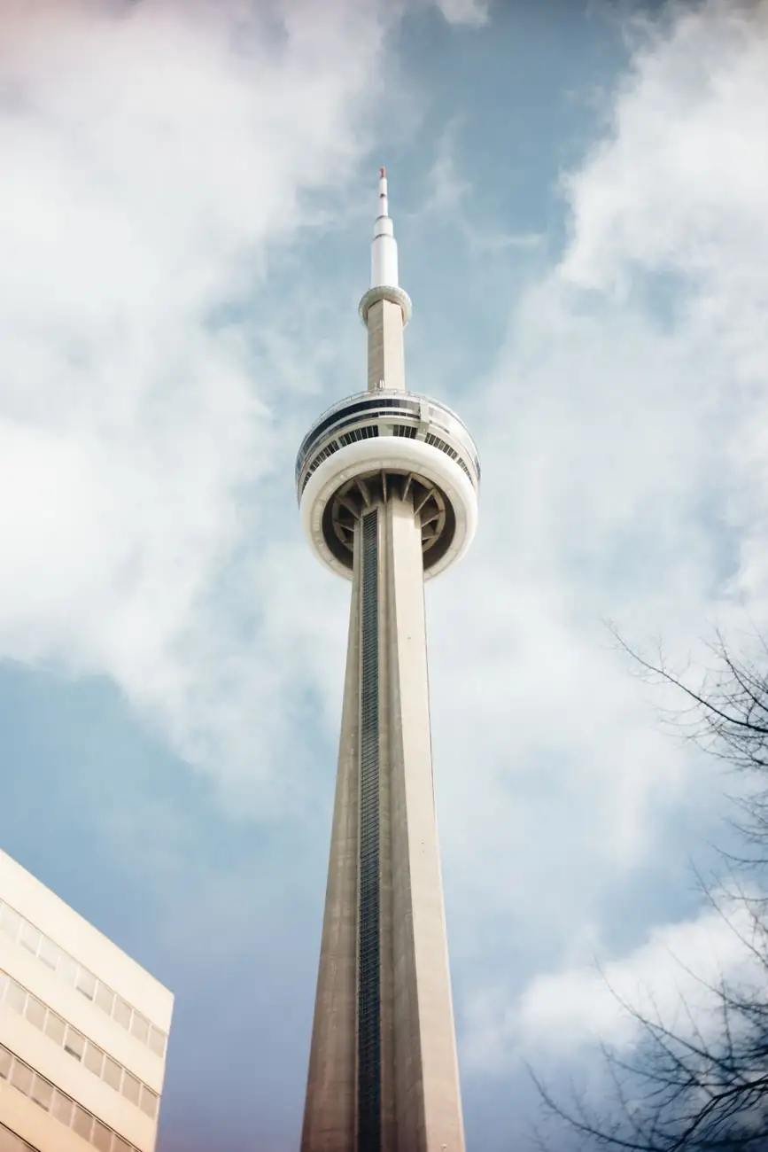 The CN Tower’s observation structure and tall shaft viewed from below in Toronto