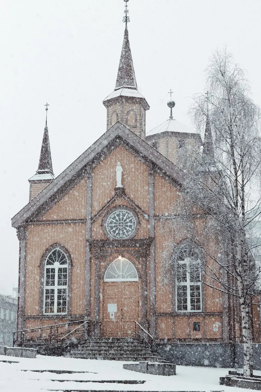 The wooden Tromsø Cathedral in winter