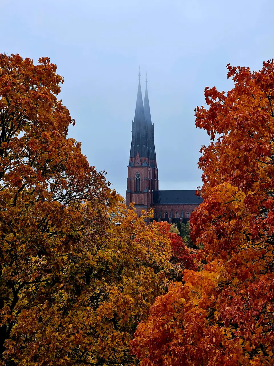 Uppsala Cathedral’s twin Gothic spires in autumn mist
