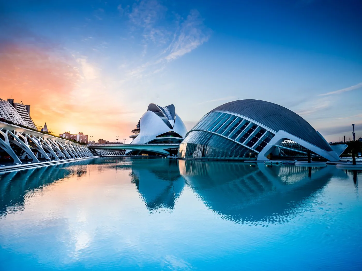 Sunset reflections at the City of Arts and Sciences in Valencia