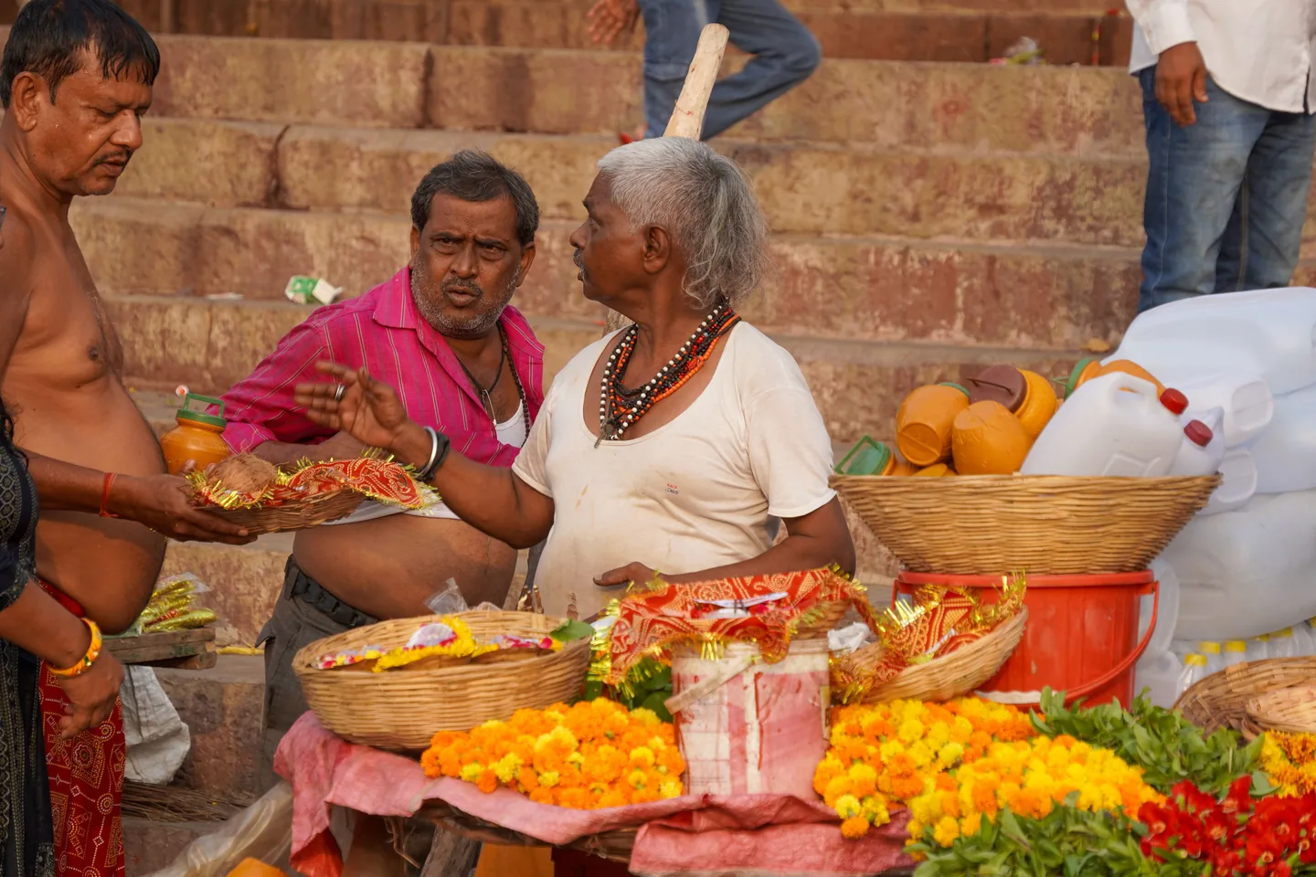 Marigold offerings sold by vendors beside Varanasi’s ghats