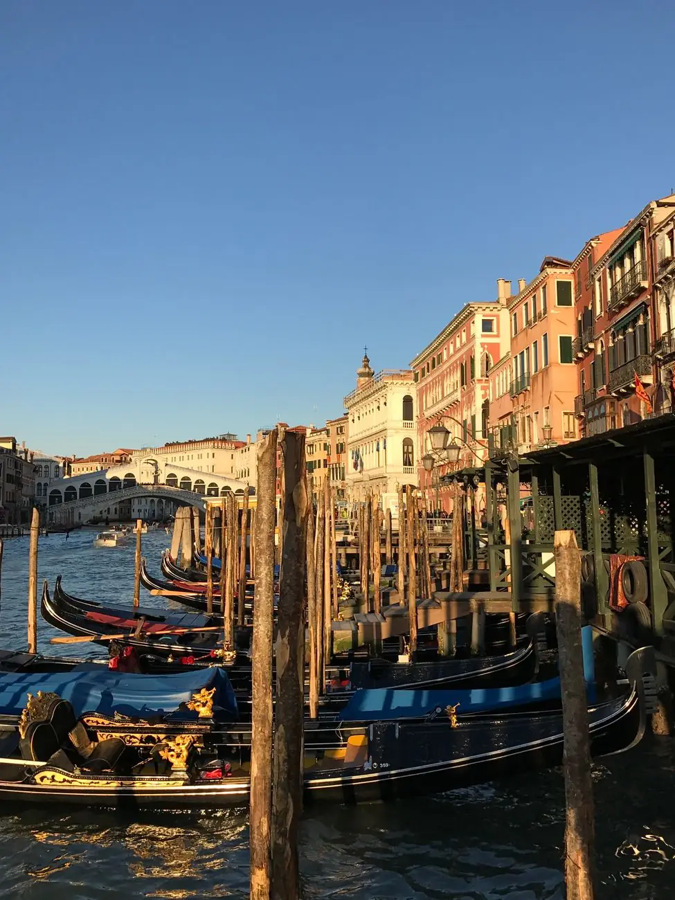 Gondolas and buildings on the Grand Canal near Rialto in Venice