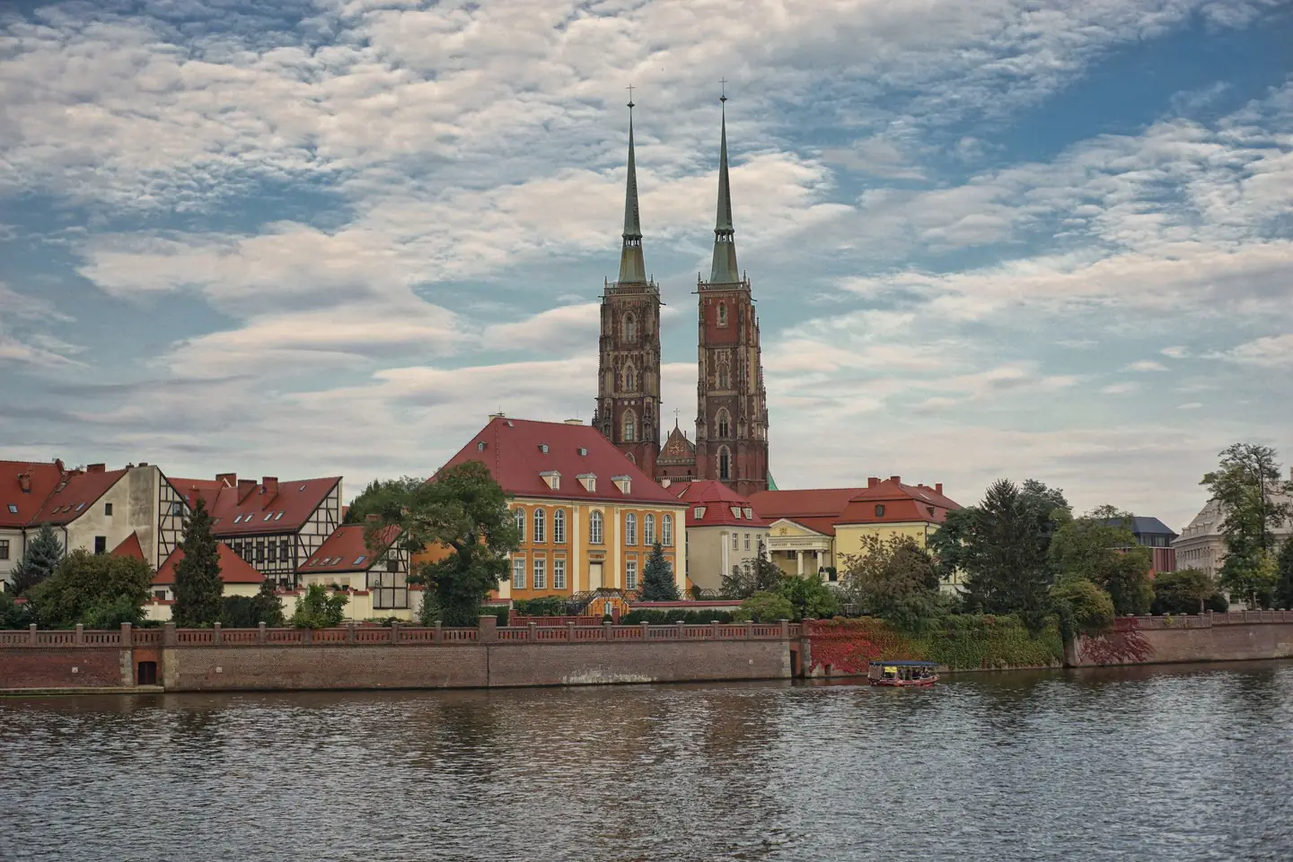 The twin spires of Wrocław’s Cathedral of St John the Baptist above Ostrów Tumski, seen across the Odra