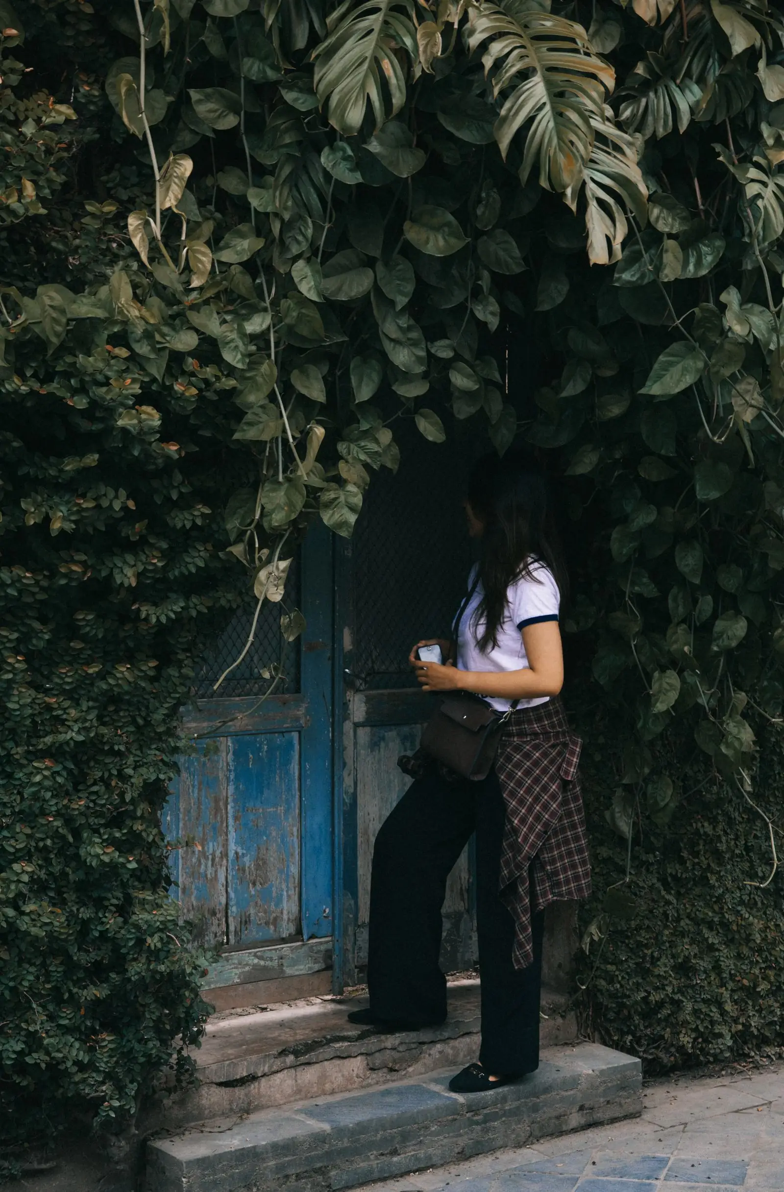 A blue wooden doorway and leafy lane in Kotagede, Yogyakarta