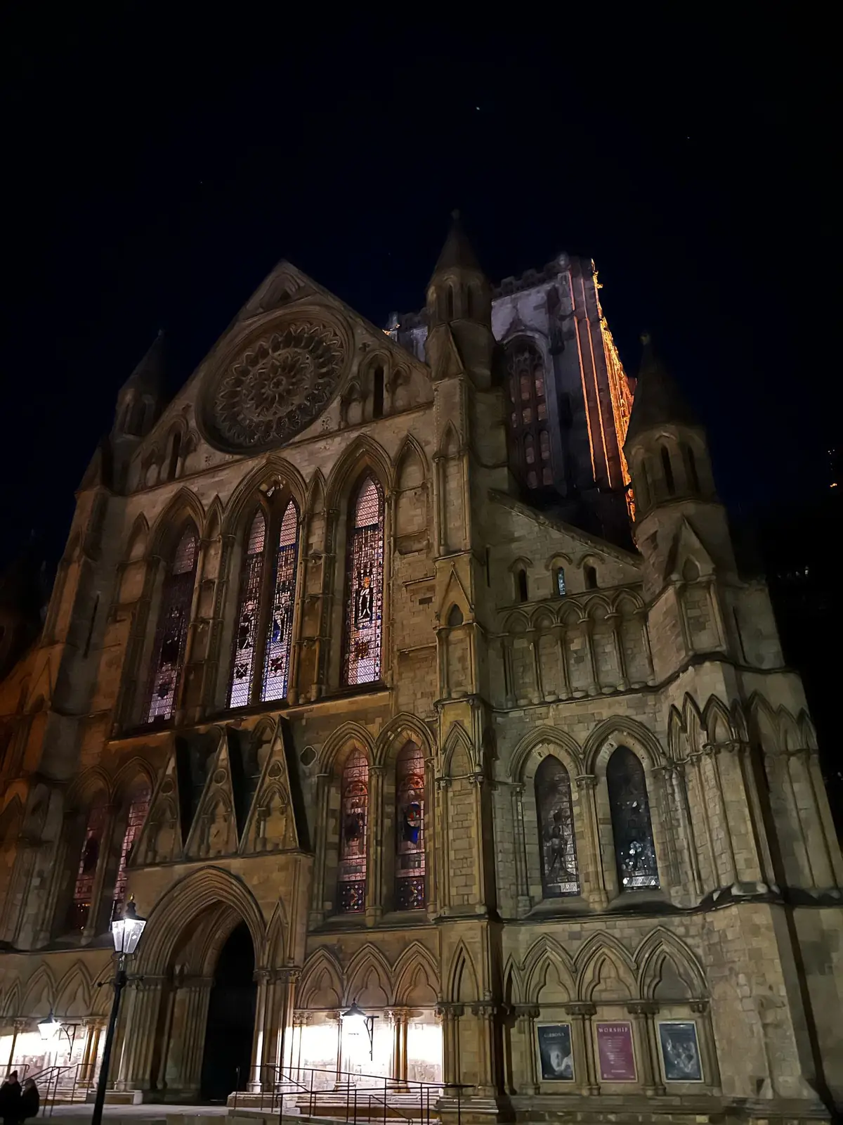 The illuminated facade of York Minster at night