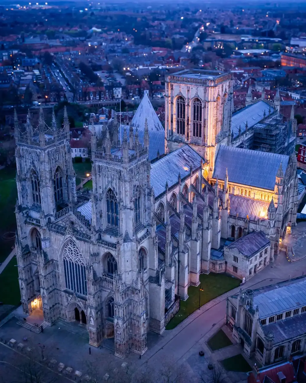 York Minster and surrounding city streets at dusk