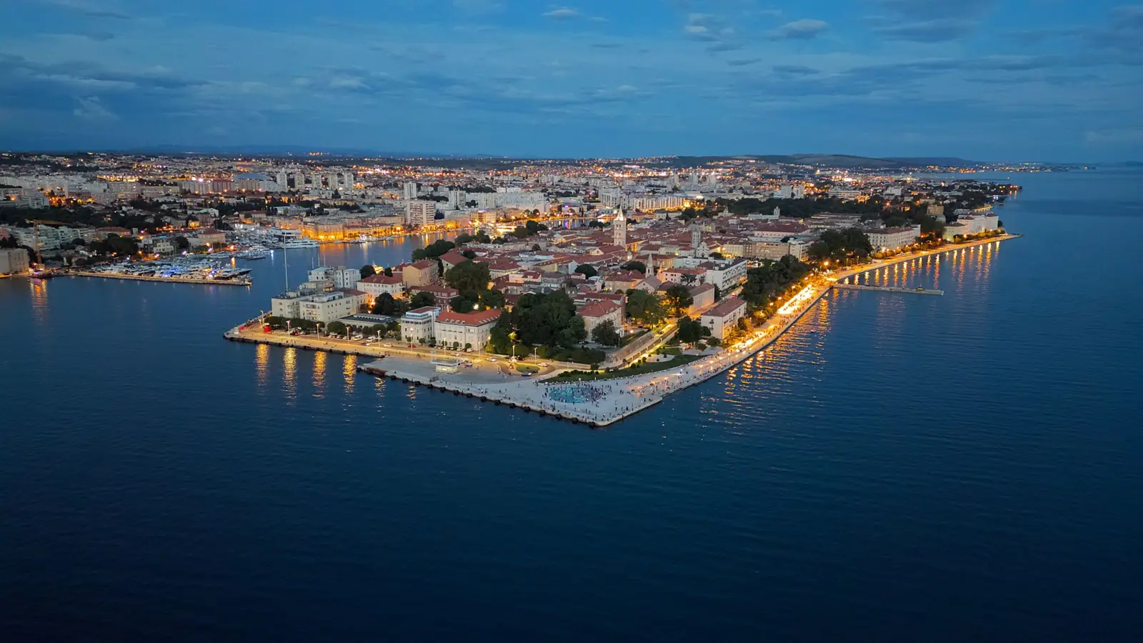 Zadar’s peninsula and waterfront illuminated at dusk