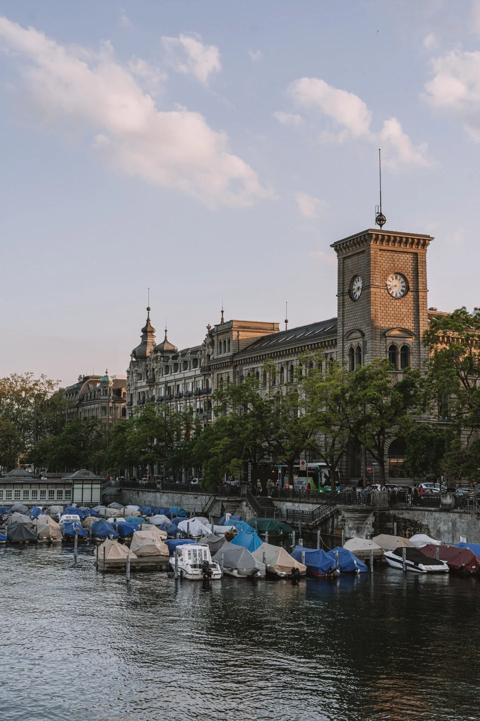 Moored boats and St Peter’s clock tower on Zürich’s historic waterfront