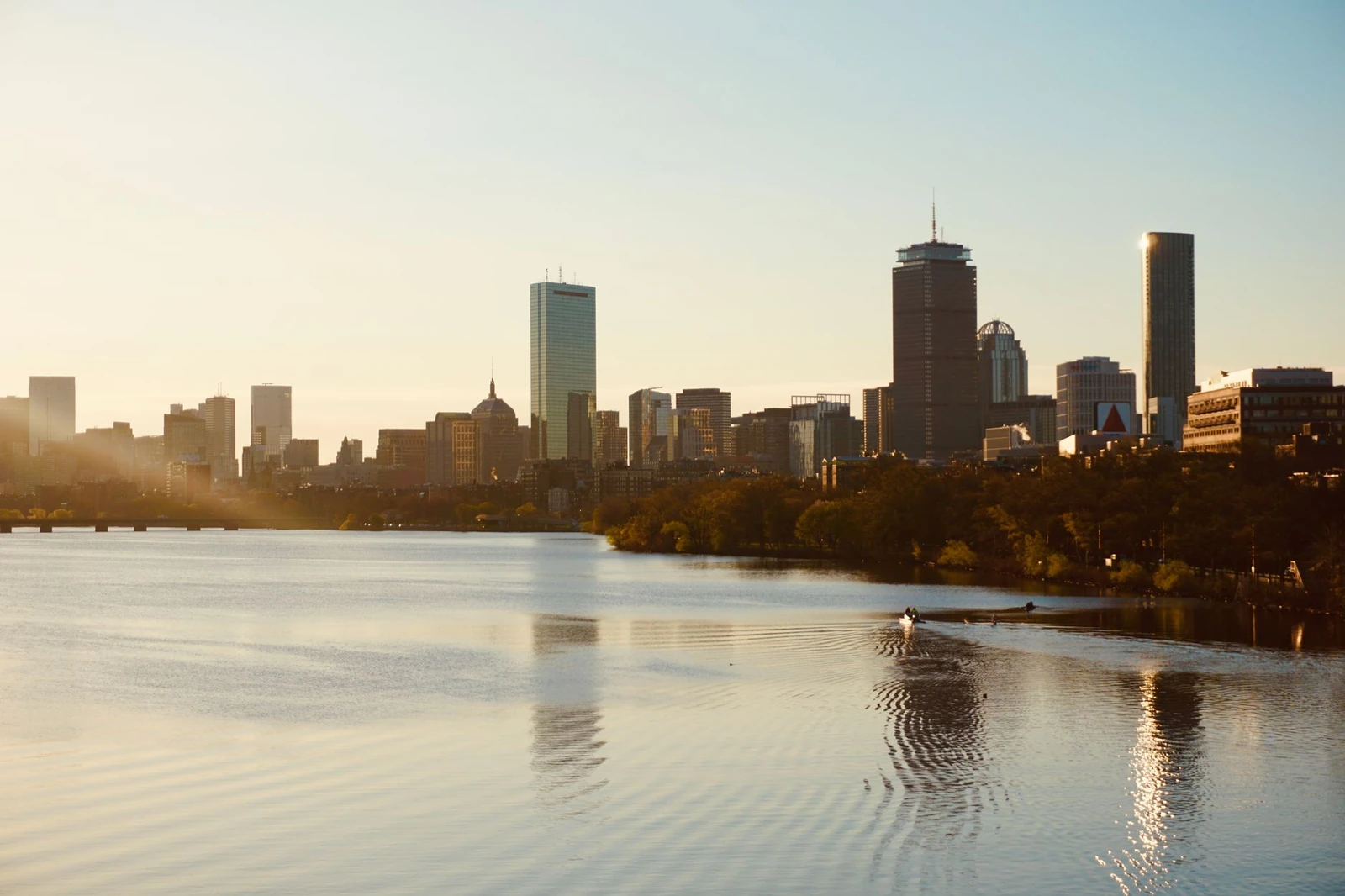 Boston’s Back Bay skyline and the Charles River in warm evening light