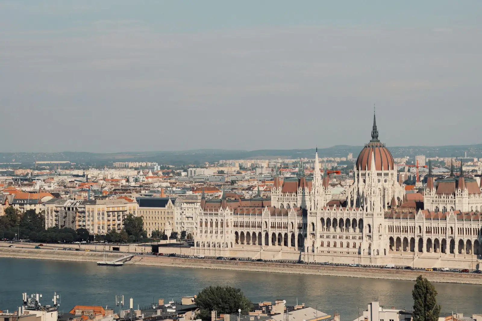 Hungarian Parliament’s long Gothic façade and central dome on the Pest bank of the Danube